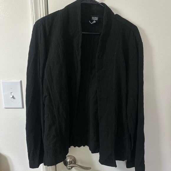 Eileen Fisher Black Textured Cloqué Knit Open Front cardigan - Picture 6 of 6